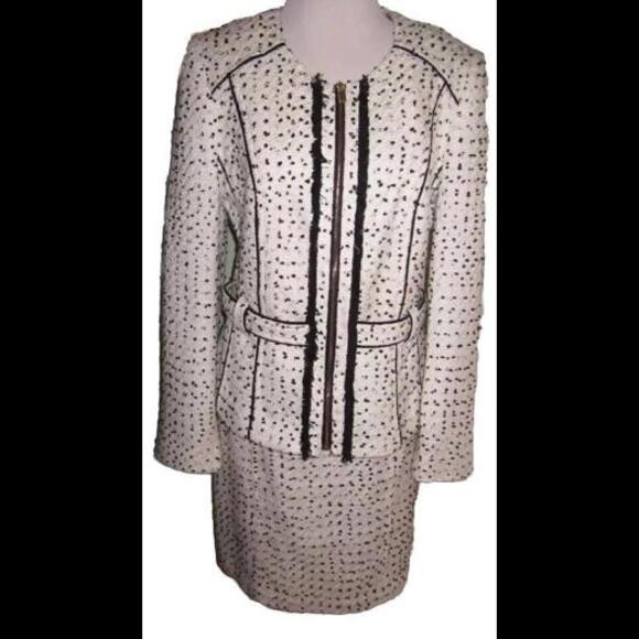👠🧥🐩Cache White Black Textured Skirt Suit Jacket Blazer Size 12 - Picture 1 of 9